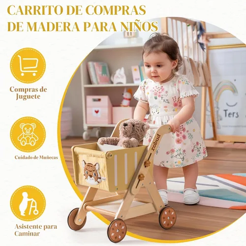 Vista 3 de ROBUD Cochecito de muñeca del andador del empuje del bebé, carro de compras Caminante de madera ajustable en altura para niños pequeños, aprendizaje