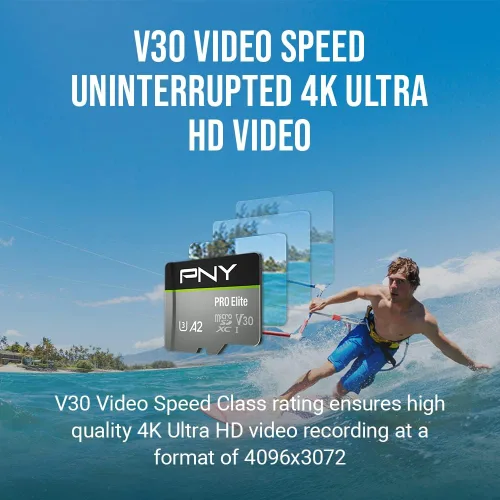Vista 4 de PNY Tarjeta de memoria flash microSDXC PRO Elite Class 10 U3 V30 de 128 GB - 100 MB/s, clase 10, U3, V30, A2, 4K UHD, Full HD, UHS-I, Micro SD