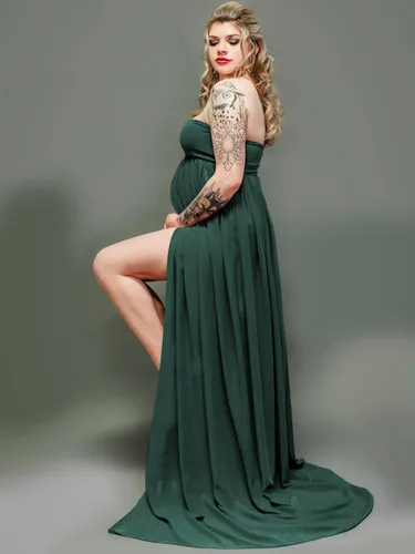 Vista 2 de YnimioAOX Vestido de maternidad de tubo sin tirantes con hombros descubiertos para mujer, para fotografía, vestido de gasa frontal dividido