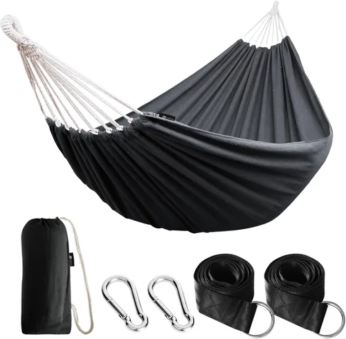 Vista 9 de Anyoo - Hamaca de algodón para jardín, con correas para colgar, hasta 660 libras, hamaca portátil con bolsa de viaje, perfecta para acampar al aire