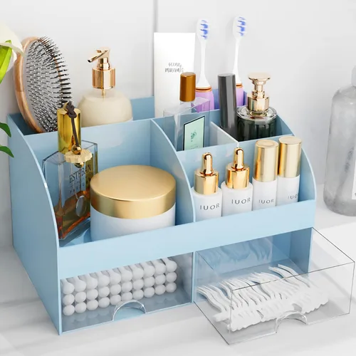 Vista 15 de Organizador de maquillaje con cajones, almacenamiento de cosméticos para tocador y encimera de baño, soporte de belleza para lápiz labial y brochas
