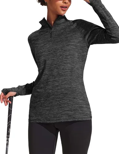 Vista 2 de ELESOL Camiseta de manga larga para mujer, con protección UPF 50+, para yoga, con agujero para pulgar, para entrenamiento, con cremallera de un