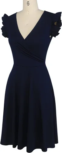 Vista 3 de oxiuly OX335 - Vestido casual de verano con cuello en V para mujer con ribete de volantes sin mangas para graduación cena fiesta cóctel té
