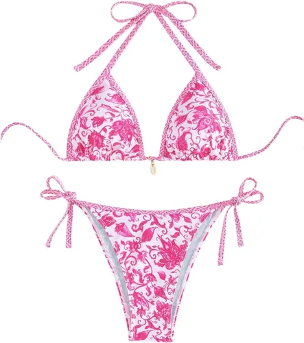 Vista 7 de WDIRARA Traje de baño de dos piezas para mujer estilo boho con estampado floral, conjunto de bikini halter con tiras en forma de triángulo