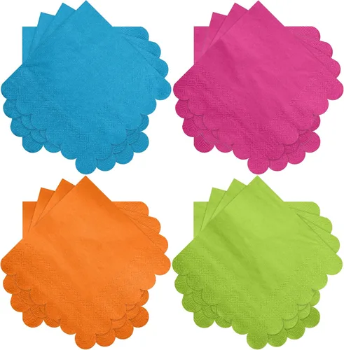 Vista 6 de Yeaqee 100 servilletas festoneadas de color neón, servilletas de papel de cóctel de 2 capas brillantes para bebidas, servilletas desechables