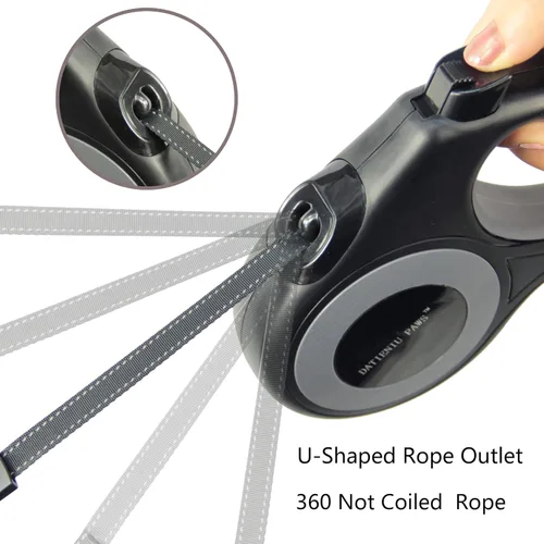 Vista 6 de Correa retráctil para perro, cinta de nailon fuerte de 16 pies, puntada reflectante para caminar por la noche, freno con una sola mano, mango Negro