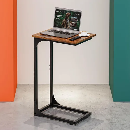 Vista 11 de Mesa auxiliar en forma de C para sofá, soporte de café pequeño, bandeja de sofá con marco de metal, parte superior de madera impermeable resistente
