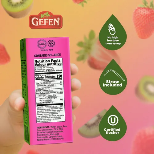Vista 4 de Gefen Caja de jugo de fresa y kiwi con pajita (paquete de 27) Sin jarabe de maíz de alta fructosa Apto para viajes Tamaño de la lonchera