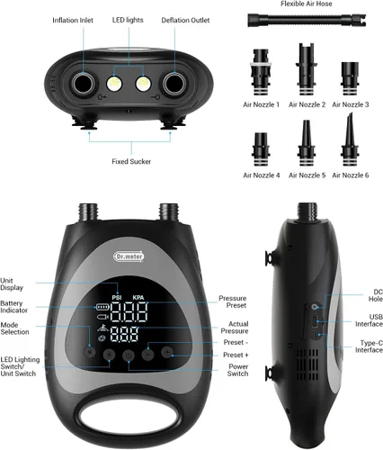Vista 8 de Dr.meter Paddle Board Pump, Rechargeable Battery for 6 SUPs Inflation & Deflation, 20PSI High Pressure Portable Electric SUP Air Pump with LED Light