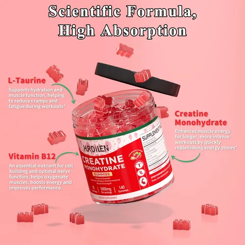 Vista 4 de 140 gomitas de monohidrato de creatina, 5000 mg de monohidrato de creatina sin azúcar para mujeres y hombres con L-taurina, vitamina B12 para fuerza