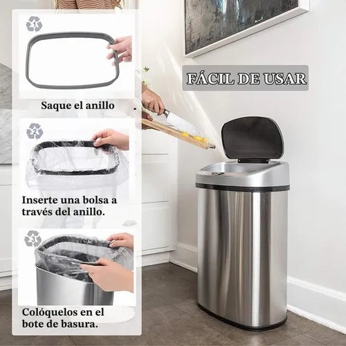 Vista 6 de Bote de basura de 13 galones con tapa, botes de basura automáticos para cocina, 50 L, con sensor de movimiento, cubo de basura de acero inoxidable