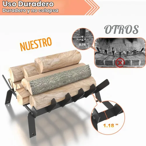 Vista 3 de Rejilla de chimenea de 17 ″, soporte para troncos de chimenea, rejilla de estufa de leña, negro