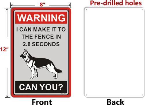 Vista 2 de Letrero de advertencia de pastor alemán con texto en inglés «Beware Of Dogs» con texto en inglés «I Can Make It to the Fence in 2.8 Sec. Letrero