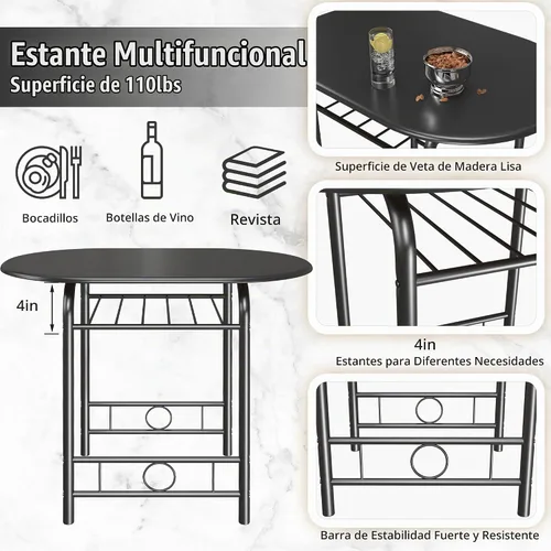 Vista 4 de JUMMICO Juego de mesa redonda y silla de madera de 3 piezas, ahorro de espacio, rincón de desayuno, mesa de grano de madera con marco de metal