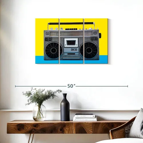 Vista 3 de ElephantStock - Retro Silver Boombox Wall Art - Horizontal Multi Panel Canvas - 3 Piece Living Room Wall Decor - Photography Music Multi Piece Wall