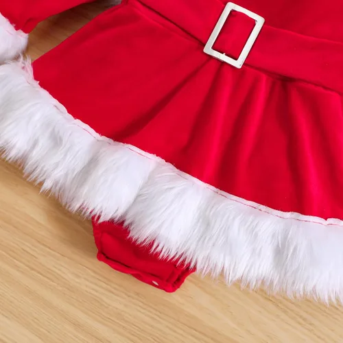 Vista 15 de WASAIGOOD Mameluco de Navidad para bebé niña, vestido de manga larga con ribete de piel, traje de terciopelo para Navidad, enterizo de invierno