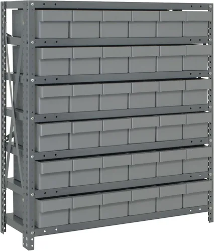 Vista 52 de Quantum QSBU-245BK Heavy Duty Shelving Unit with (7) Shelves and (24) QUS245 Black Bins for Garage Warehouse Storage Distribution 400 lb Load