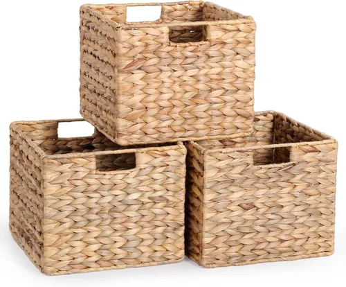 Vista 10 de Cesta de almacenamiento de mimbre, cubo grande de 12 x 12 x 10 pulgadas, mimbre tejido para estantes, despensa, organización de cocina y baño Marrón