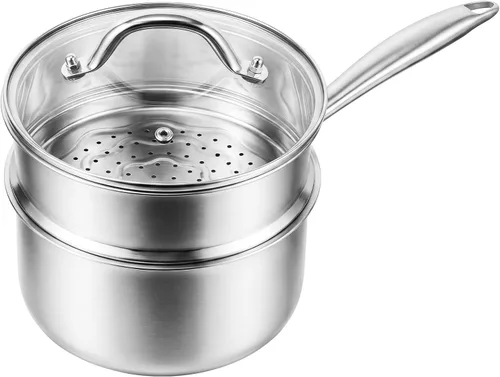 Vista 8 de Ohtomber Cacerola de Acero Inoxidable - Vaporera Tri-Ply de 1.5 Cuartos para Cocinar, Olla Pequeña de Cocción con Canasta Vaporera, Cacerola