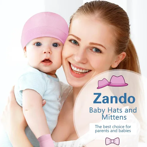 Vista 6 de Zando Gorros y manoplas unisex para bebés, gorro de hospital para recién nacidos, con guantes antiarañazos, conjunto para bebés y niños