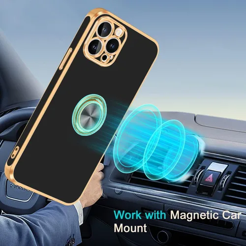 Vista 6 de Fingic - Funda para iPhone 13 Pro Max con soporte giratorio de 360° Shiny Gold Edge Slim Soft TPU Shockproof Protective Phone Case for Women Men