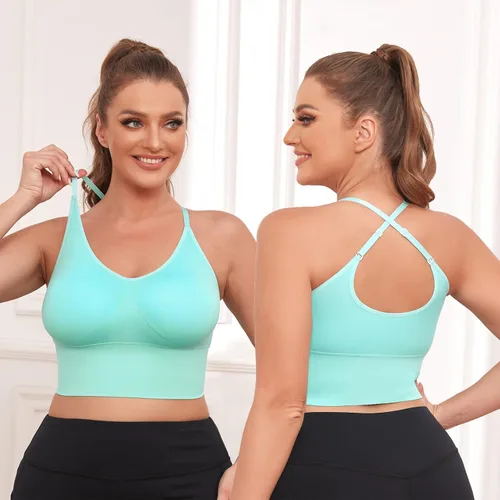 Vista 4 de PRETTYWELL Paquete de 3 sujetadores deportivos para mujer, brasier deportivo acolchado con espalda cruzada, sin costuras, camisetas sin mangas