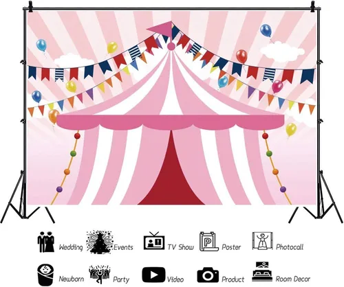 Vista 2 de Yeele Tiendas de campaña de circo rosa de 10 x 6.5 pies, telón de fondo para fiesta temática de carnaval, carrusel de fondo, fotografía, niña