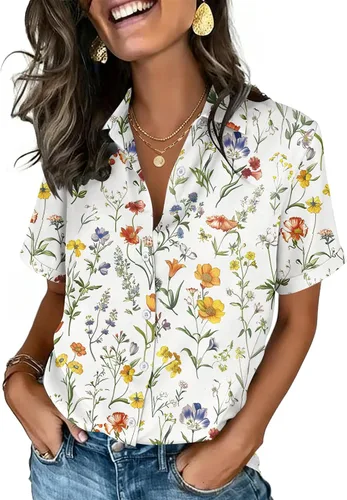 Vista 22 de Zeagoo Camisas con botones para mujer, de manga corta, cuello en V, elegantes y casuales