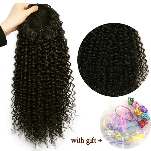 Vista 3 de Cola de caballo con cordón para mujeres negras, rizado de 16 pulgadas, extensiones de cola de caballo negro natural (1b)