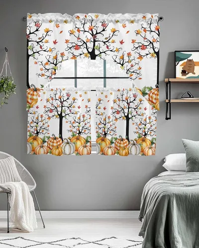 Vista 4 de Pumpkins Thanksgiving Kitchen Curtains Swag Valance and Tier Curtains Set 24 Inch Length, Fall Watercolor Botanical Leaves Retro Rod Pocket Drape