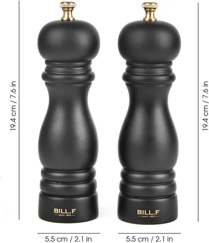 Vista 2 de BILL.F - Molinillo de sal y pimienta de madera, juego de 2 saleros y pimenteros con rotor de cerámica ajustable, 7 pulgadas