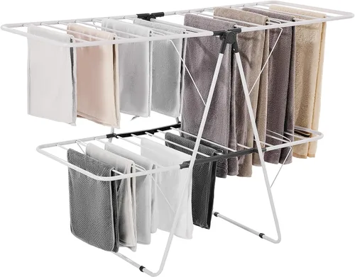 Vista 10 de VEVOR Estante de secado de ropa, estante plegable de 2 niveles con clips para calcetines y 21 varillas de secado, estantes de secado ajustables
