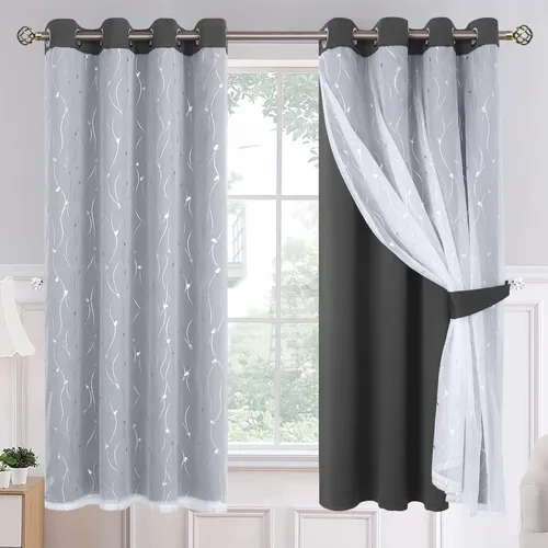 Vista 20 de BGment Cortinas de oscurecimiento de habitación con superposición transparente, cortinas de tul estampado plateado de doble capa para sala de estar