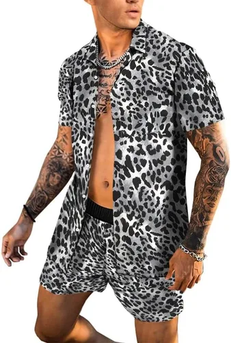 Vista 3 de Conjunto de camisas cortas de traje de playa YAOGRO para hombre 2 piezas a juego con estampado floral hawaiano