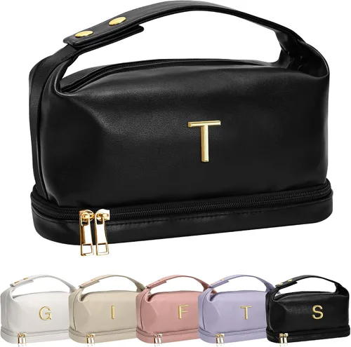 Vista 134 de Bolsa de maquillaje con asa, bolsa de cosméticos impermeable de doble capa, bolsas de maquillaje de cuero PU de gran capacidad con letra, bolsa