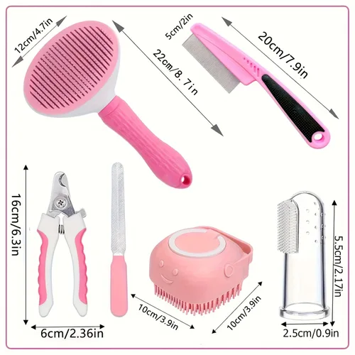 Vista 2 de Cat Dog Grooming Set Self Cleaning Brush Nail Clippers Files Flea Comb Shampoo Finger Toothbrush Storage Bag 9pcs Blue Multicolor
