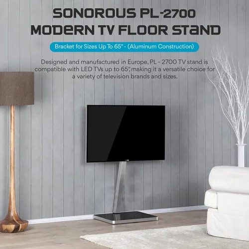 Vista 2 de SONOROUS PL-2700 - Soporte de TV de alta calidad para sala de estar, soporte de piso de TV de lujo con base de vidrio templado, moderno soporte