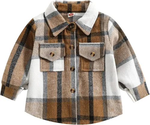 Vista 2 de HIUARA Chaqueta de franela para niños pequeños, a cuadros, de manga larga, con solapa, con botones, para bebés, niños y niñas, para otoño