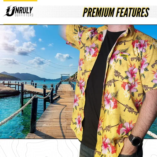 Vista 5 de Unruly Outfitters - Camisa hawaiana novedosa para hombre, rifles de francotirador y flores para el trabajo, fiesta, barbacoa