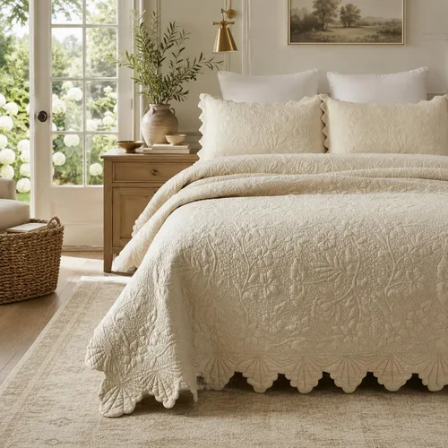 Vista 2 de Brandream Juego de ropa de cama de 2 piezas con borde festoneado, tamaño individual, color beige, tamaño individual, tamaño individual