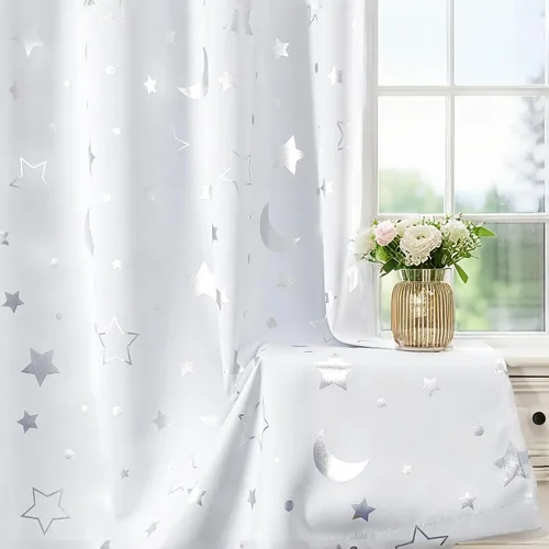 Vista 10 de WUBODTI Cortinas grises 100% opacas con diseño de estrellas para habitación de niños, 45 pulgadas de largo, juego de 2 paneles de cortinas