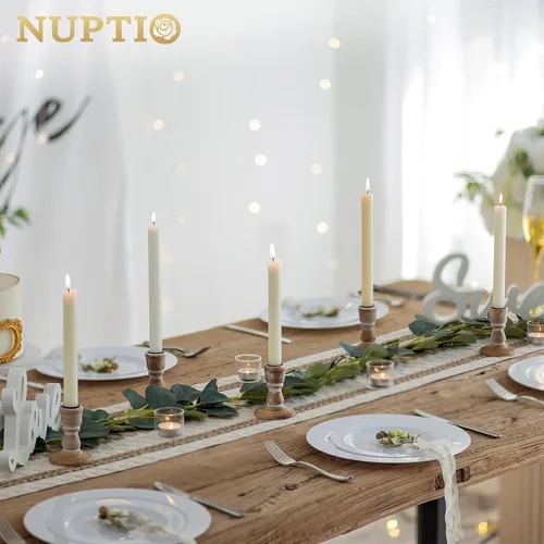 Vista 3 de NUPTIO - Sostenedores de velas cónicas de madera: juego de 2 candelabros de madera rústica marrón - Candelabros vintage pequeños de granja
