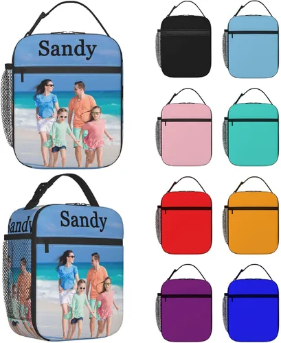 Vista 11 de Lonchera personalizada para hombres, mujeres y adultos con nombre, imagen, texto, foto, bolsa de almuerzo aislada personalizada para el trabajo