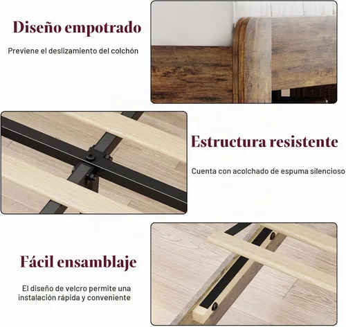 Vista 7 de Base de cama matrimonial con cabecera de almacenamiento y estación de carga, color marrón Platform Bed Frame, LED Lights, Wooden Slats