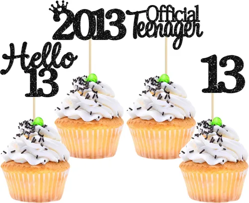 Vista 67 de Gyufise Paquete de 24 adornos negros para cupcakes de 10.º cumpleaños con purpurina negra 10 Ten Hello 10 Dights dobles desde 2015 para decoraciones