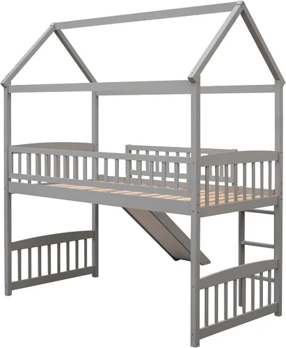 Vista 7 de Litera con tobogán y cama inferior con forma de casa, sin necesidad de somier, para adolescentes, niñas o niños, tamaño individual, color gris Merax