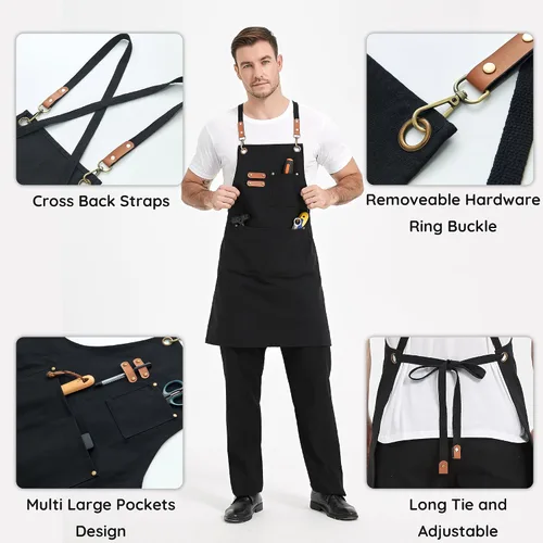 Vista 4 de Delantales de lona, delantales de chef de cocina, delantales de trabajo para hombres y mujeres, delantales con correa ajustable con 3 bolsillos