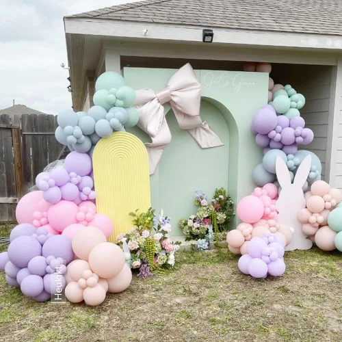 Vista 5 de Kit de guirnalda de arco de globos de Pascua, 167 globos de látex pastel, macarrón, rosa, morado, niebla, verde, azul, con conejo y zanahoria, globo