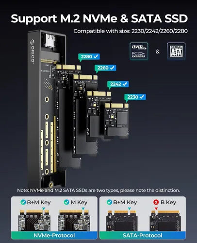 Vista 3 de ORICO Carcasa SSD SATA M.2 NVMe, USB 3.1 Gen 2 (10 Gbps) a PCI-E 6Gbps NGFF M-Key / B+M Key SSD Case M.2 Reader Soporte UASP para SSD