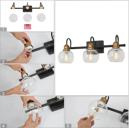 Vista 6 de KSANA Luminaria de Baño Estilo Granja, Lámpara de Tocador Moderna Negro Dorado de 3 Luces con Pantalla de Vidrio Transparente Abierta, Lámpara